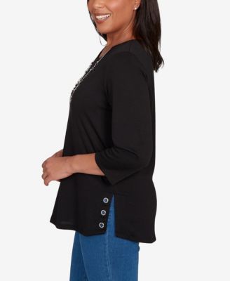 Women's Classic Melange Side Button Crew Neck Top with Necklace