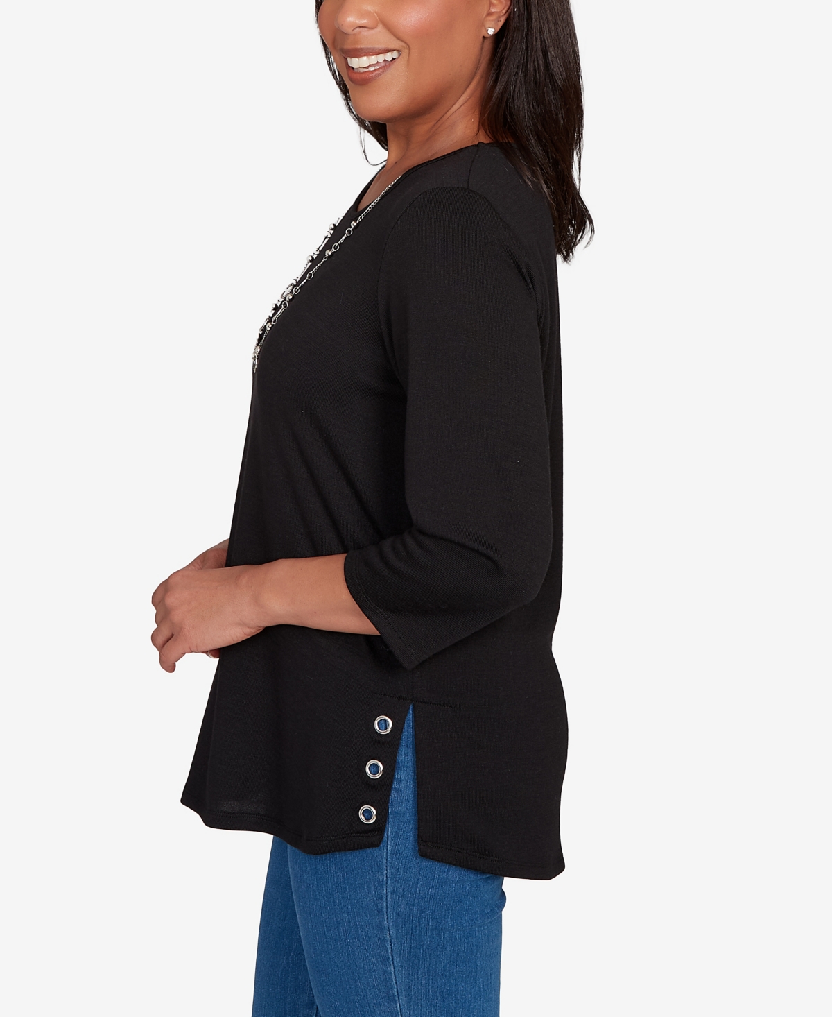 Alfred Dunner Women's Classic Melange Side Button Crew Neck Top With Necklace In Black