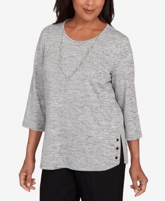 Women's Classic Melange Side Button Crew Neck Top with Necklace