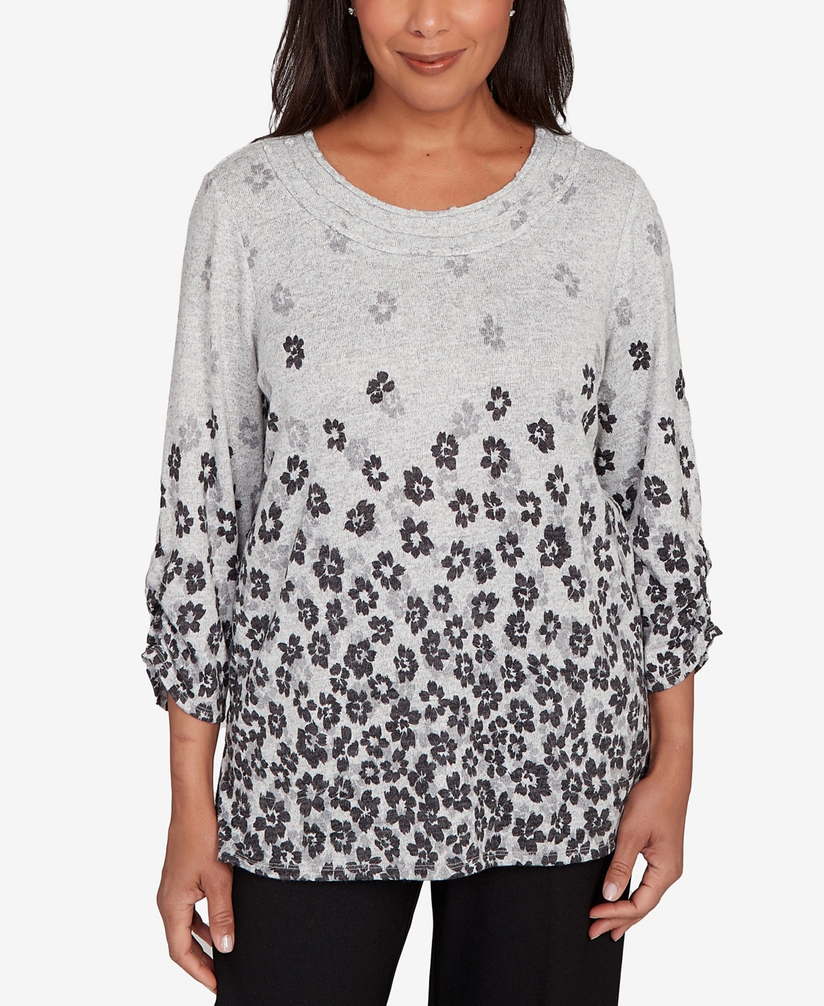 Alfred Dunner Plus Size Classic Floral Border Gathered Sleeve Top In Multi