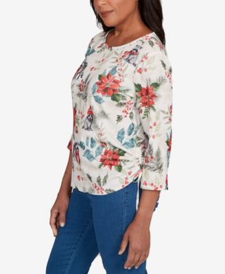 Women's Classic Holiday Raccoon Poinsettias Crew Neck Top