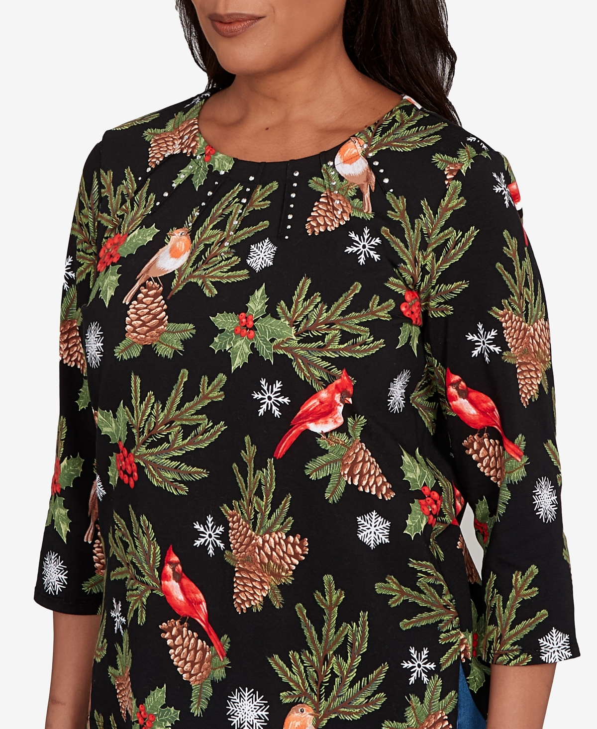 Alfred Dunner Women's Classic Cardinals And Pinecones Embellished Top In Black
