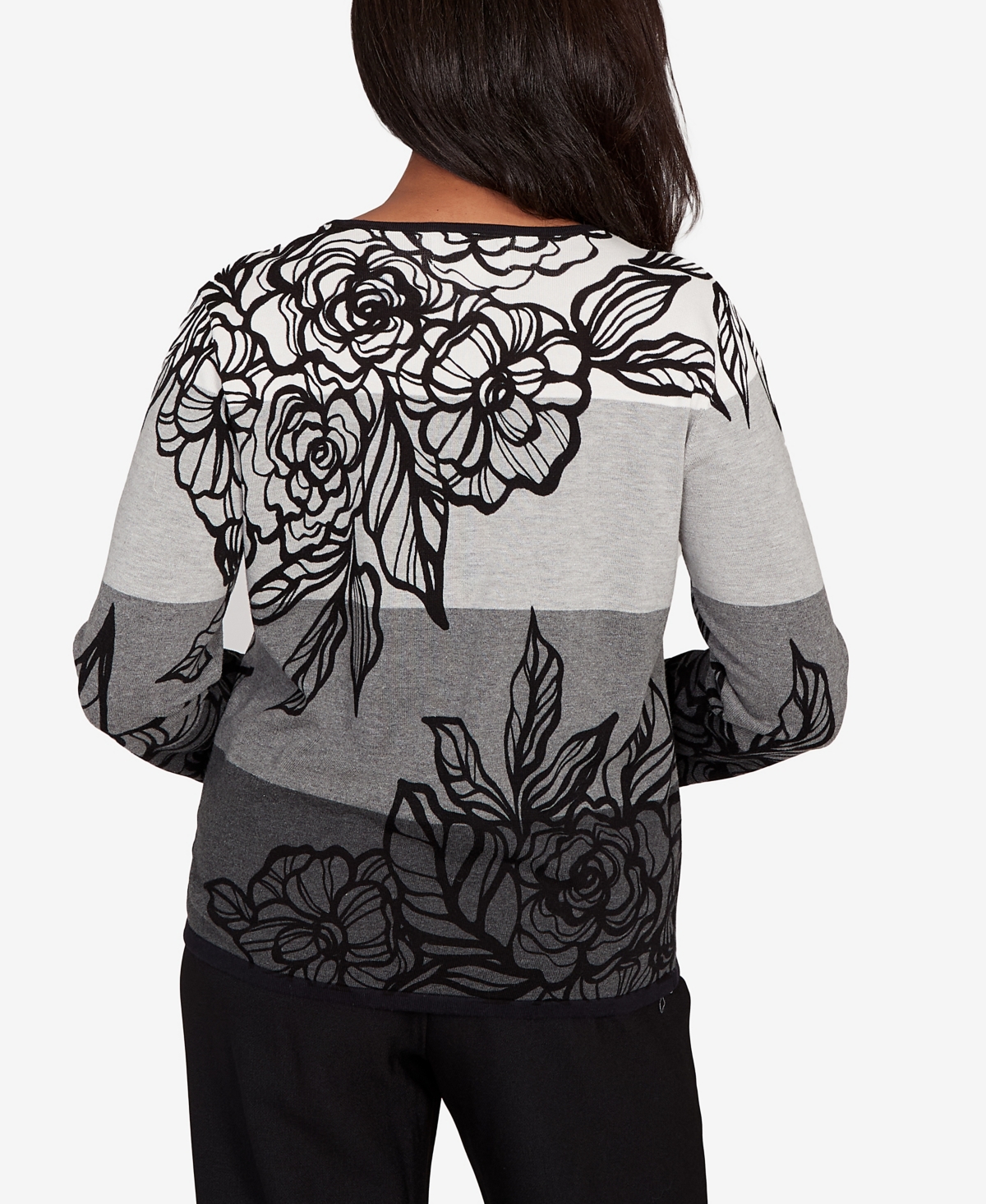 Alfred Dunner Women's Classic Ombre Floral Block Stripe Sweater In Gray