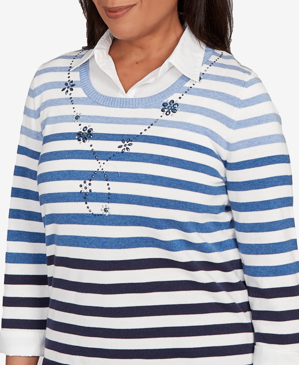 Alfred Dunner Women's Classic Ombre Stripe Two In One Sweater In Blue