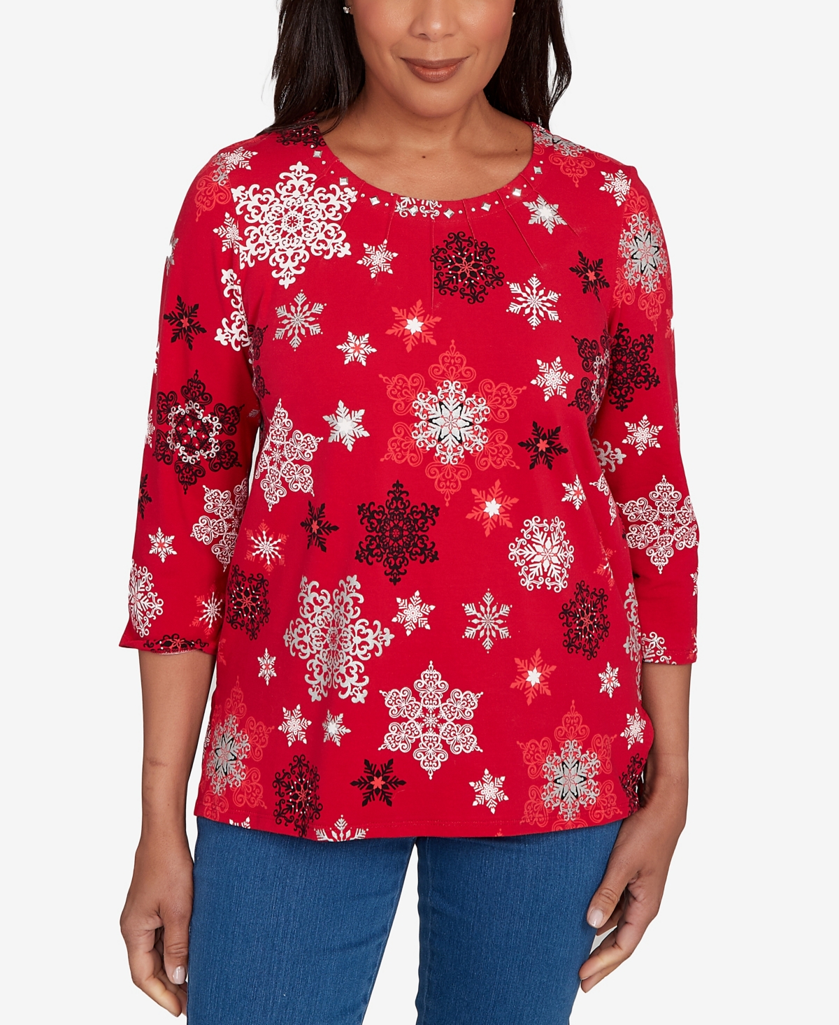 Alfred Dunner Women's Classic Embellished Snowflake Pleated Neck Top In Red