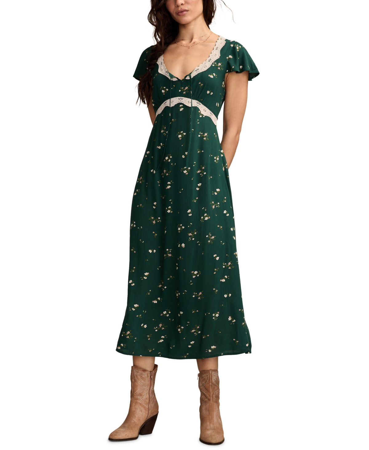Lucky Brand Lace Trim Flutter Sleeve Midi Dress In Green