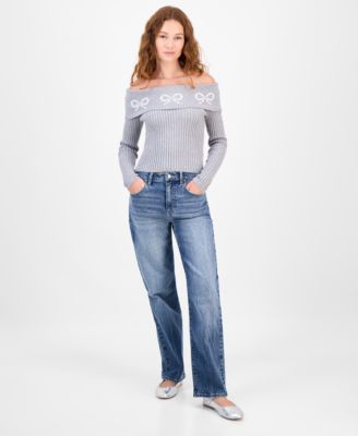 Juniors' Jacquard-Bow Off-The-Shoulder Sweater 