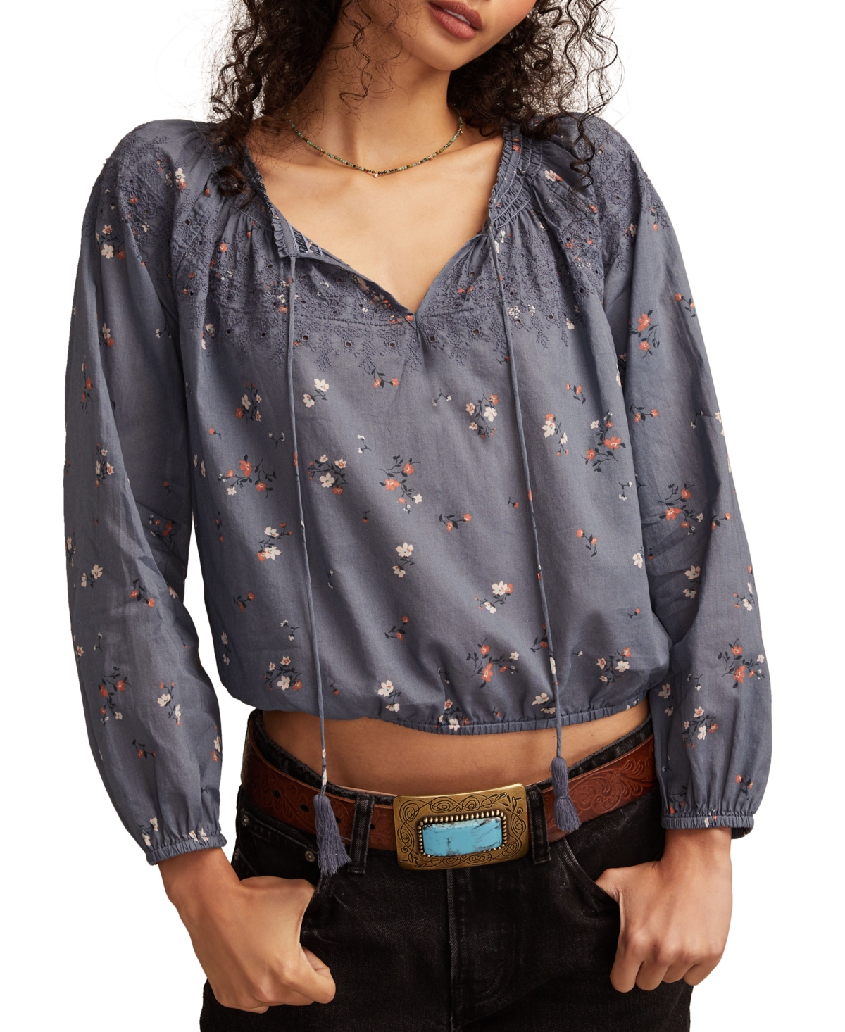 Lucky Brand Women's Embroidered Smocked Peasant Top