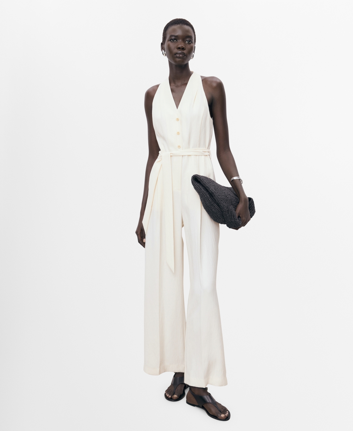 Women's Belted Halter Neck Jumpsuit - Ecru