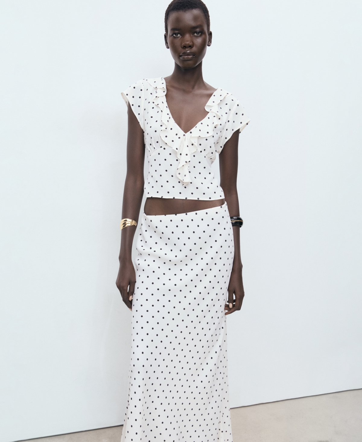 Mango Polka-dot Blouse With Ruffles Off White In White
