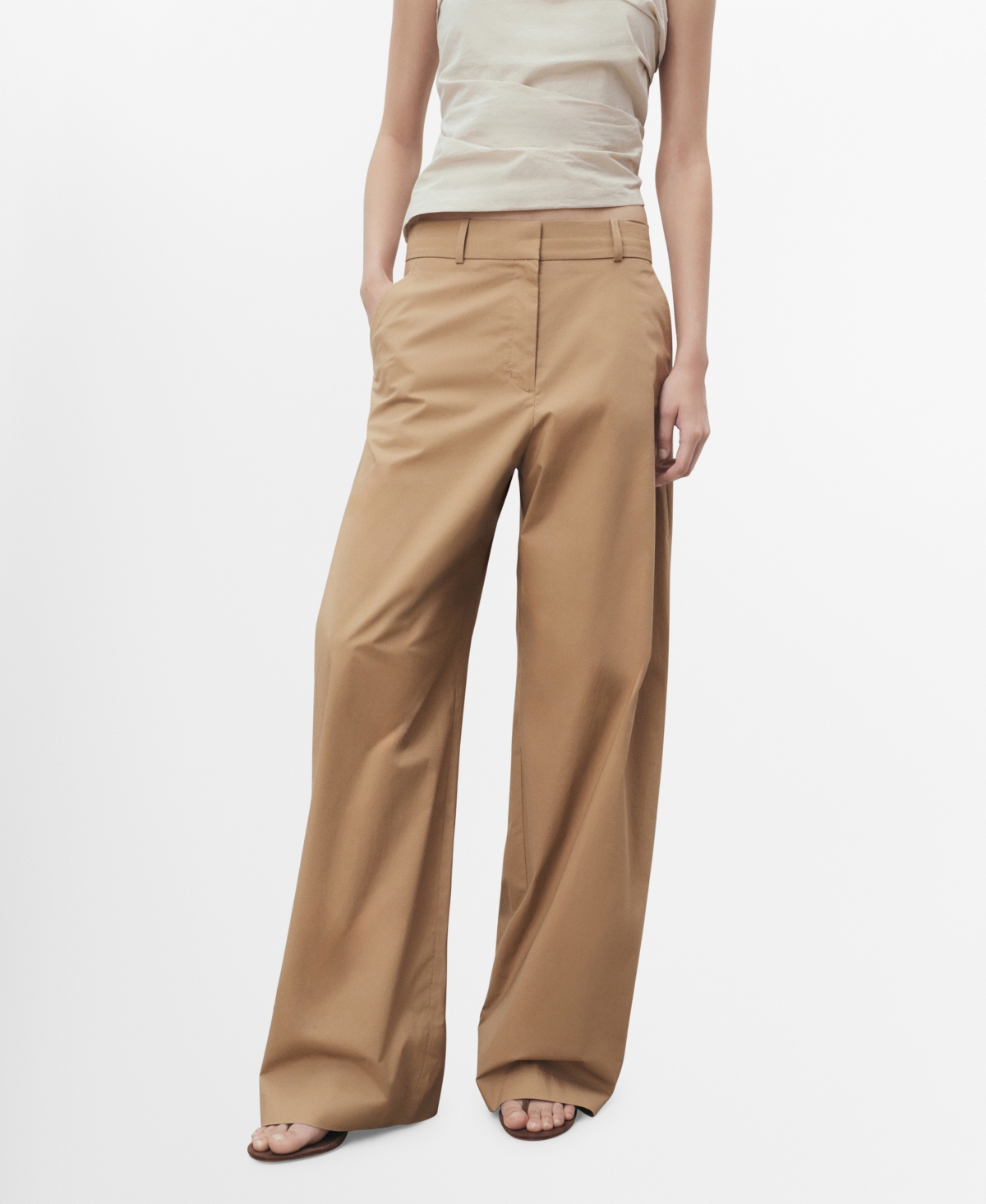 Mango Stretch Cotton Wide Leg Pants In Brown