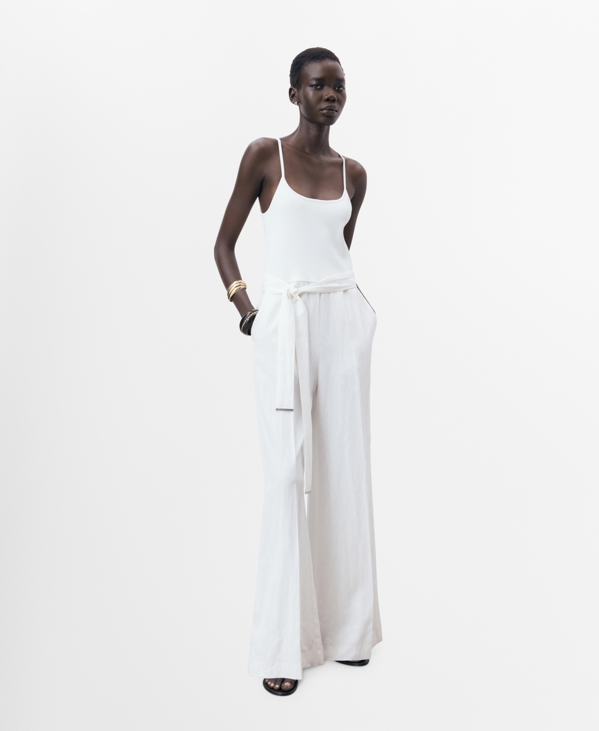 Mango Long Lyocell Jumpsuit With Belt Off White In White