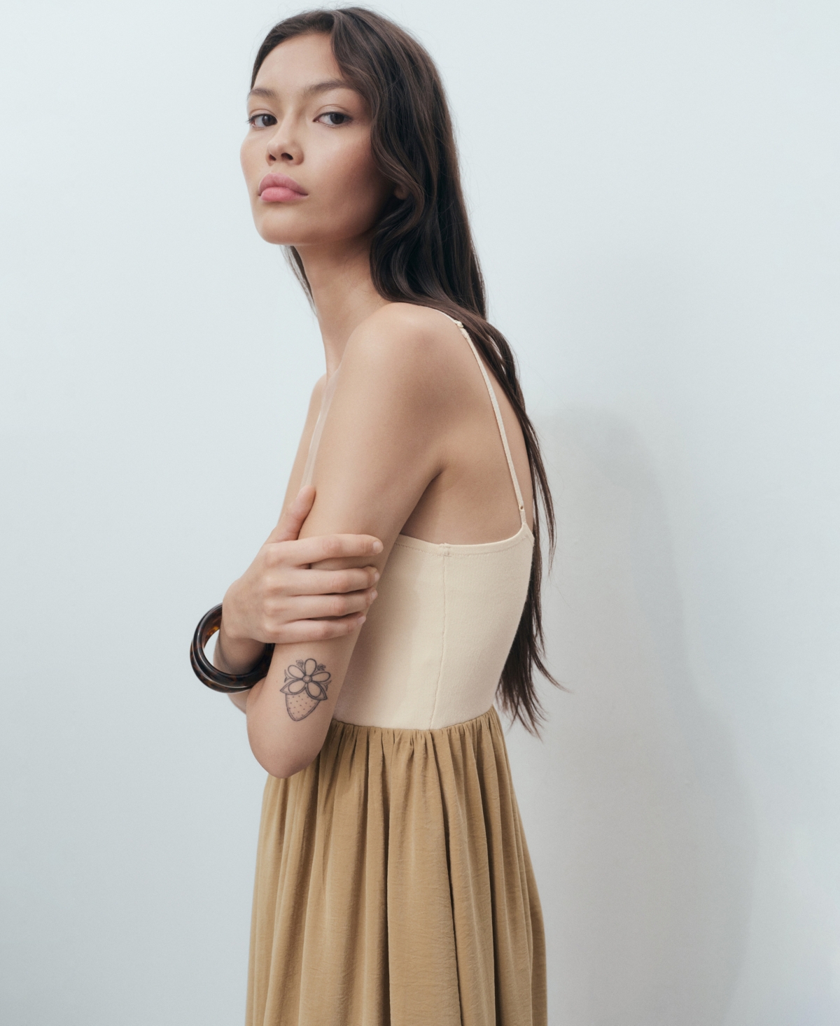 Mango Mixed Media Bubble Hem Midi Dress In Brown