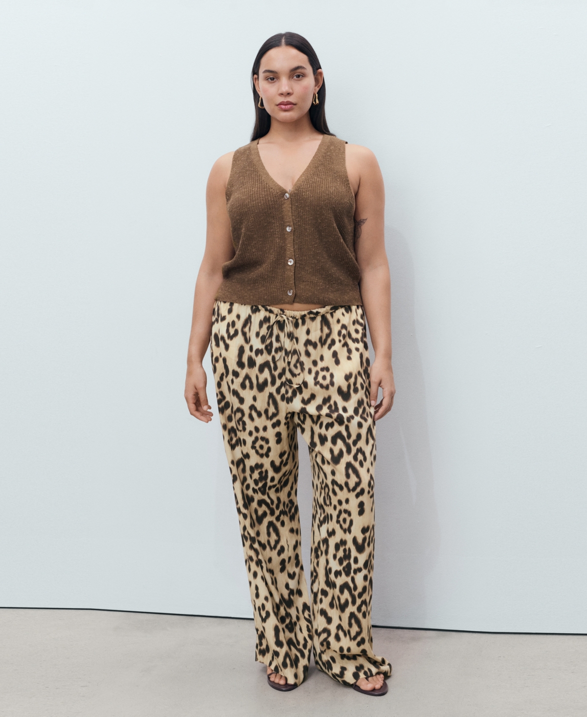 Mango Bernie Print Wide Leg Drawstring Pants In Brown