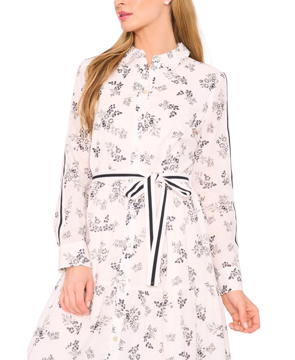 Cece Floral Long Sleeve Cotton Maxi Shirtdress In White