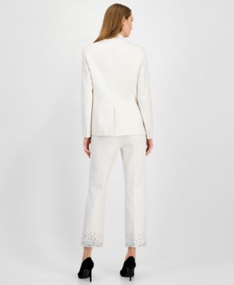 Anne Klein Womens Embellished One Button Jacket Embellished Mid Rise Capri Pants In White
