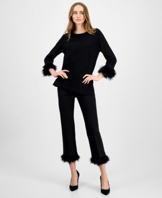 Anne Klein Womens Feather Trim 3 4 Sleeve Top Hollywood Waist Pull On Feather Trim Pants In Black