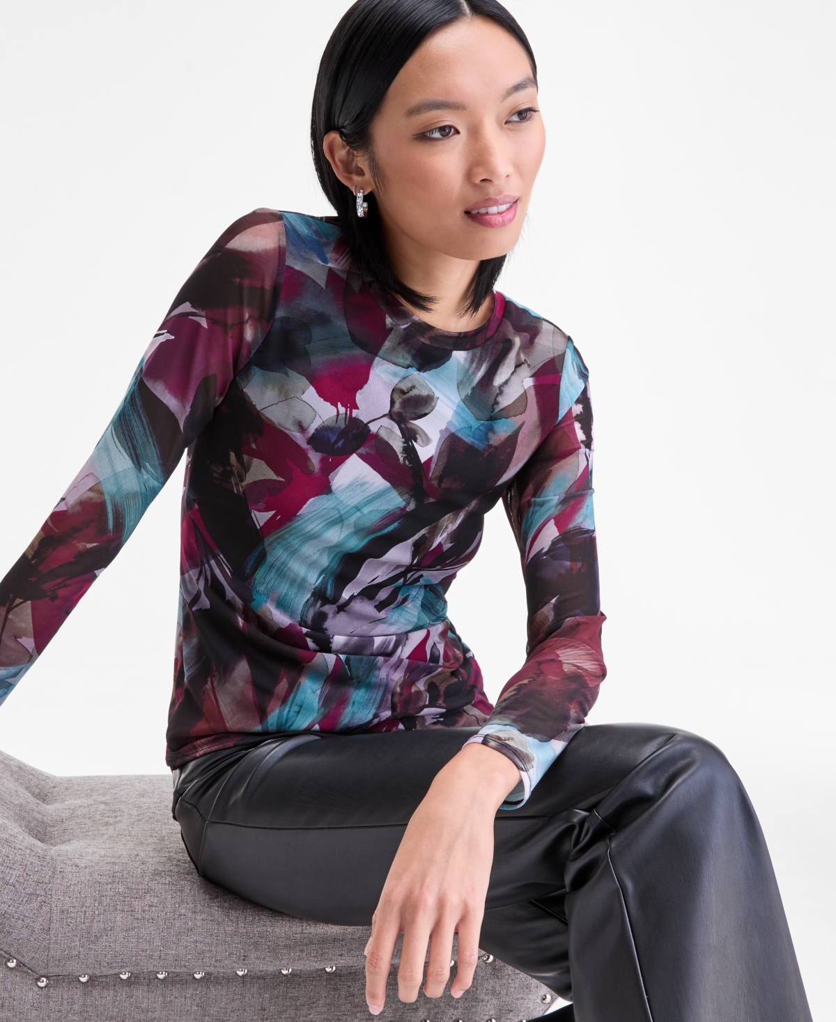 Inc International Concepts Women's Printed Mesh Long-sleeve Top, Macy's Exclusive In Multi