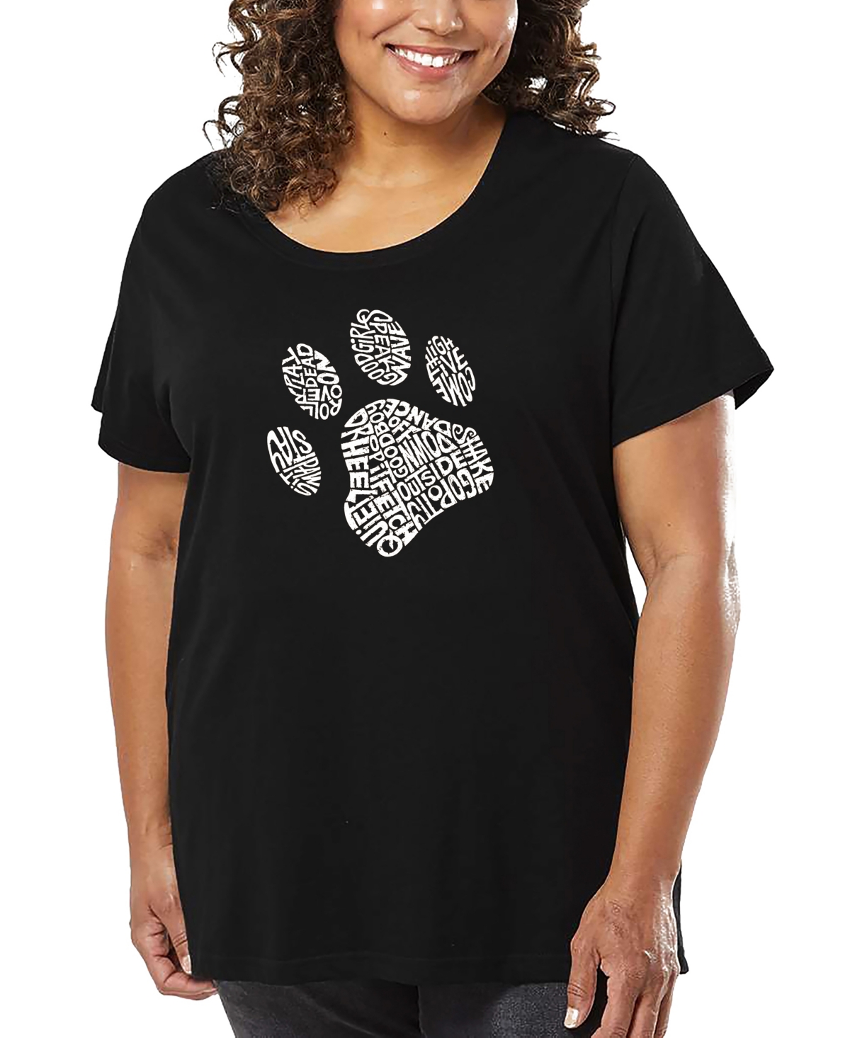 La Pop Art Plus Size Dog Paw Word Art T-shirt In Black