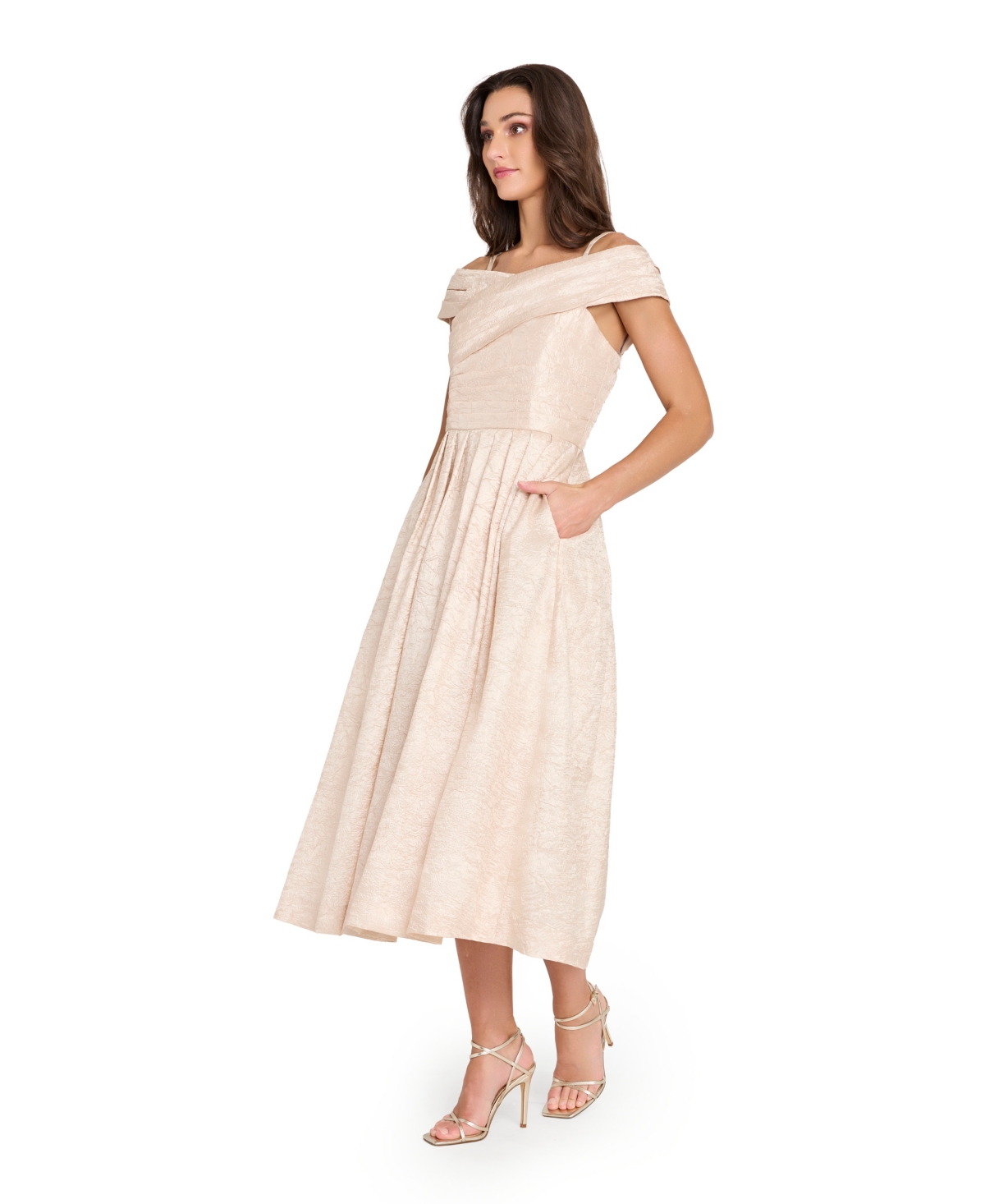 Tahari Asl Women's Crushed Taffeta Off-the-shoulder Midi Dress In Neutral