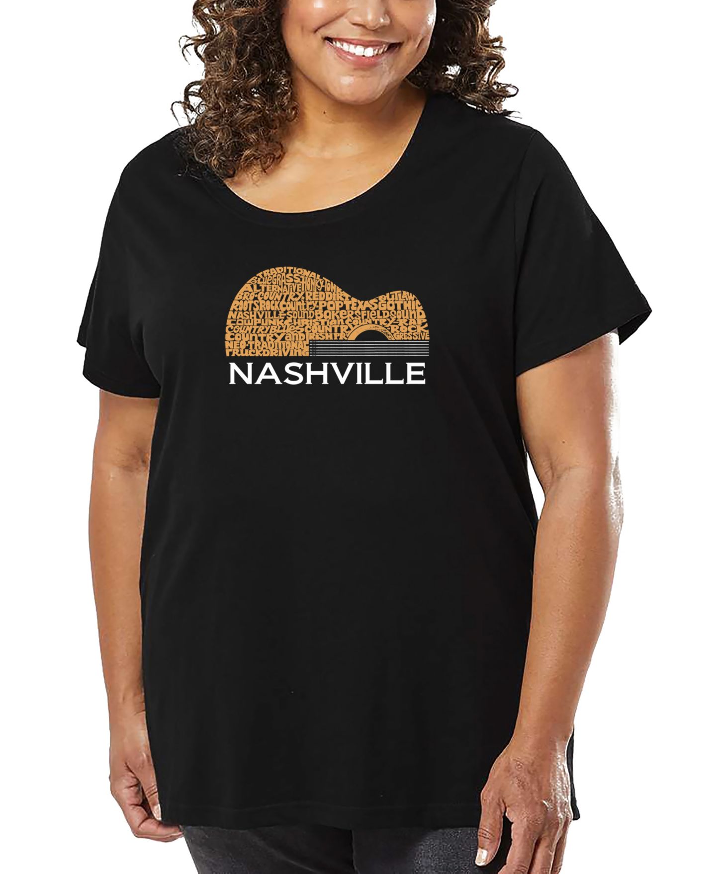 Женская футболка LA Pop Art Plus Size Nashville Guitar Word Art, цвет: Чёрный — фото 1