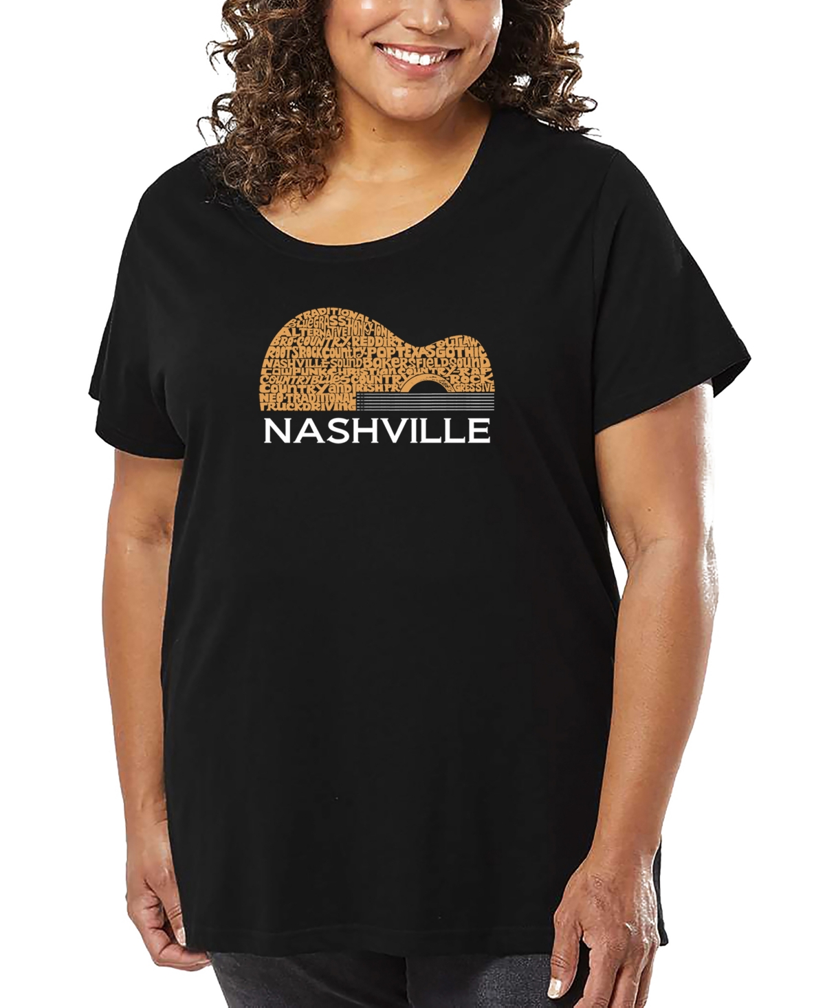 La Pop Art Plus Size Nashville Guitar Word Art T-shirt In Black