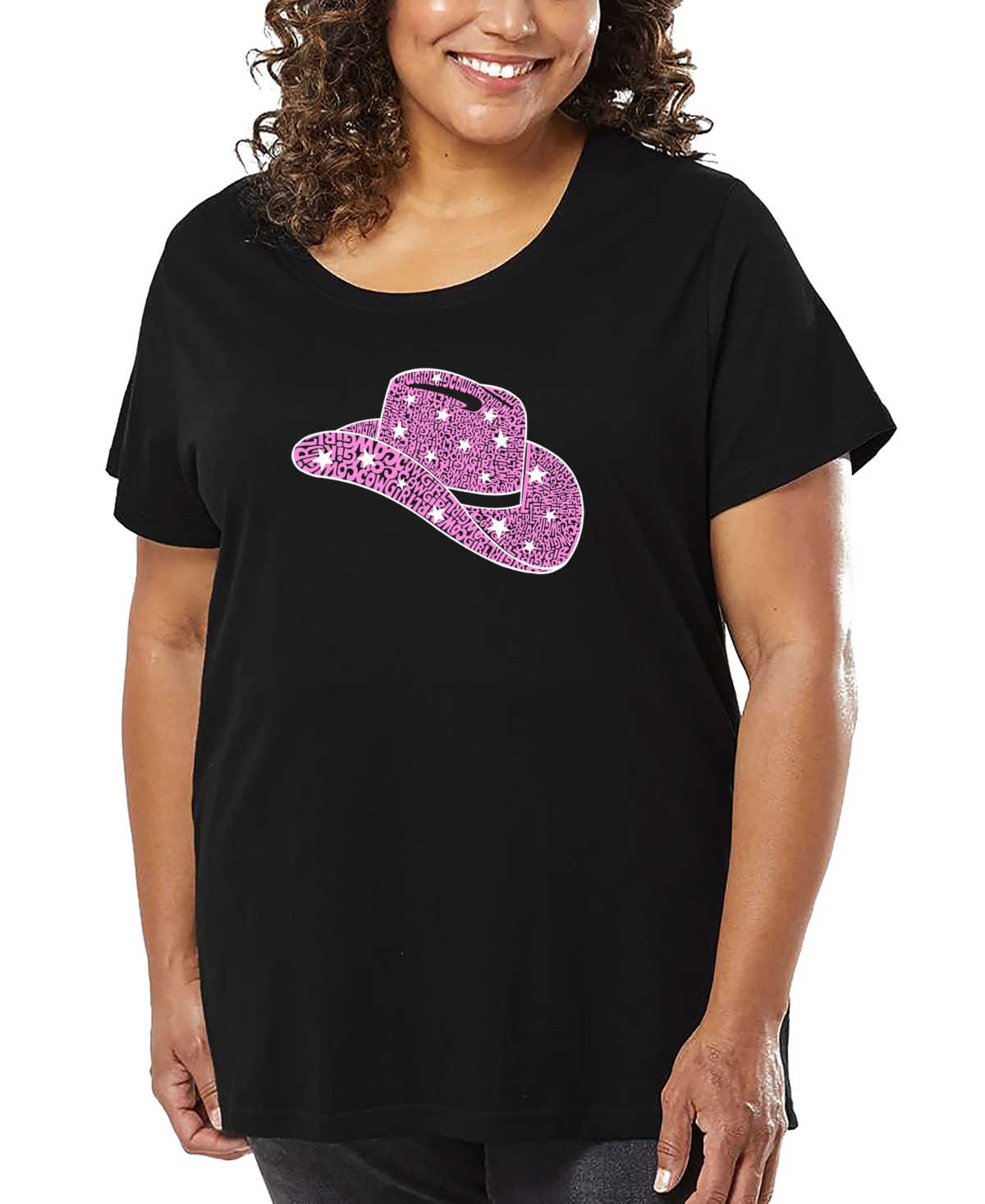 La Pop Art Plus Size Cowgirl Hat Word Art T-shirt In Black
