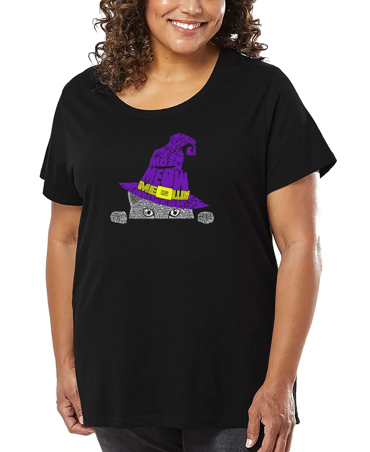 La Pop Art Plus Size Peeking Witch Cat Word Art T-shirt In Black