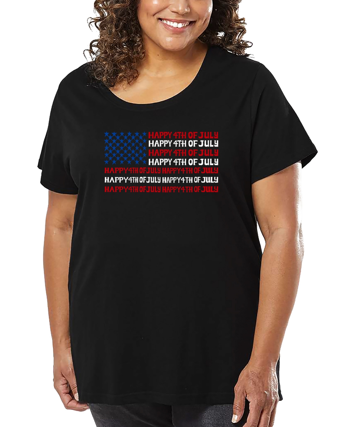 La Pop Art Plus Size Happy 4th Of July Word Art T-shirt In Black