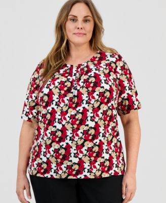 Kasper - Plus Size Pleated-Neck Elbow-Sleeve Knit Top