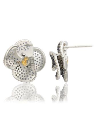 Suzy Levian Sterling Silver Sapphire & White Sapphire Peony Flower Earrings