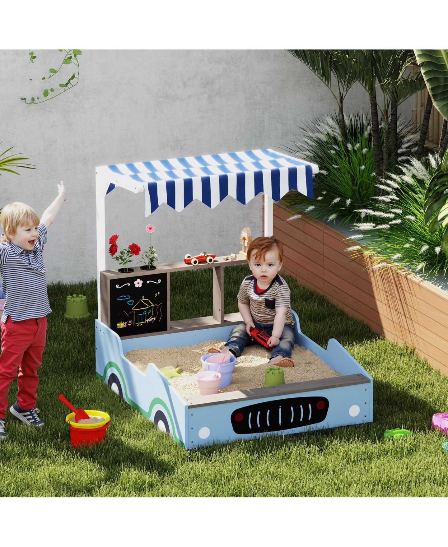 Детская игрушка Qaba Kids Wooden Grocery Store Sandbox with Canopy, 42.5" L x 35.4" W x 40.9" H, Ages 3-7, цвет: Синий — фото 3