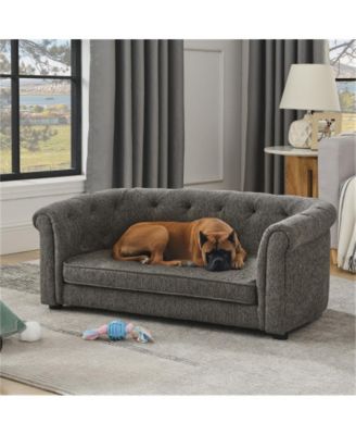 Dark Grey Rectangular Pet Sofa with Arc-shaped Backrest Armrests and Linen Soft Cushion