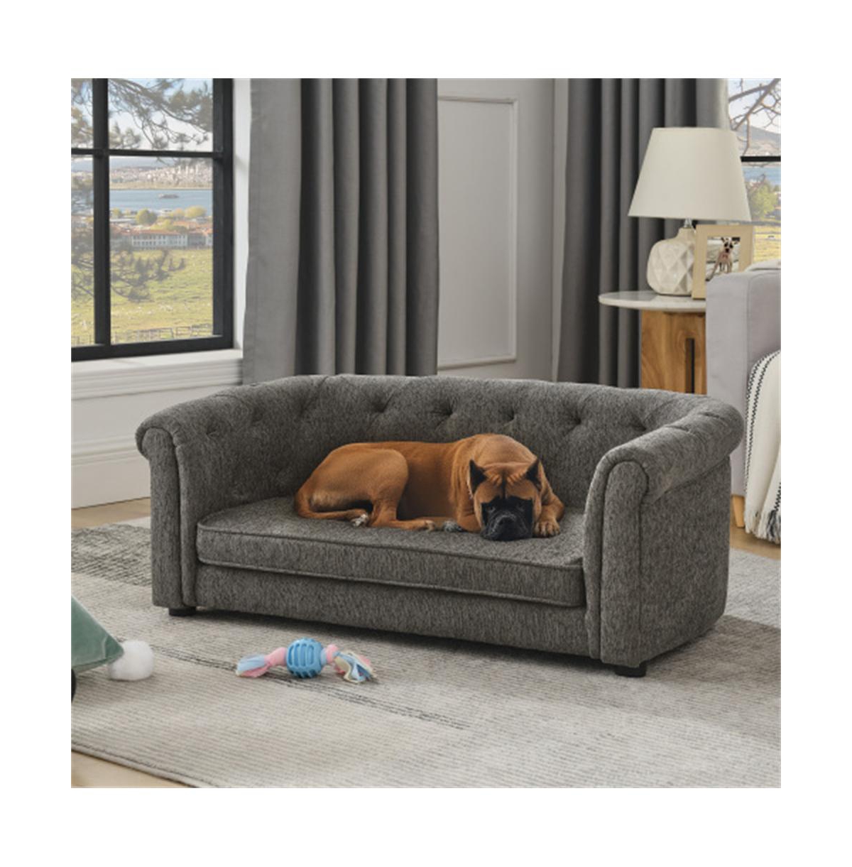 Aostirmotor Dark Grey Rectangular Pet Sofa with Arc-shaped Backrest Armrests and Linen Soft Cushion
