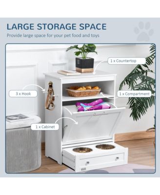 Pet Feeder Cabinet with Raised Bowls and Storage White