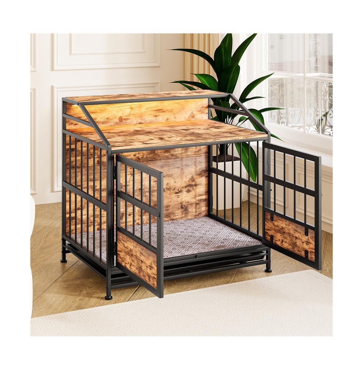 Aostirmotor Brown Multi-function Dog Crates with Storage Large Wooden Dog Kennel with Double Doors for Large Medium Dog