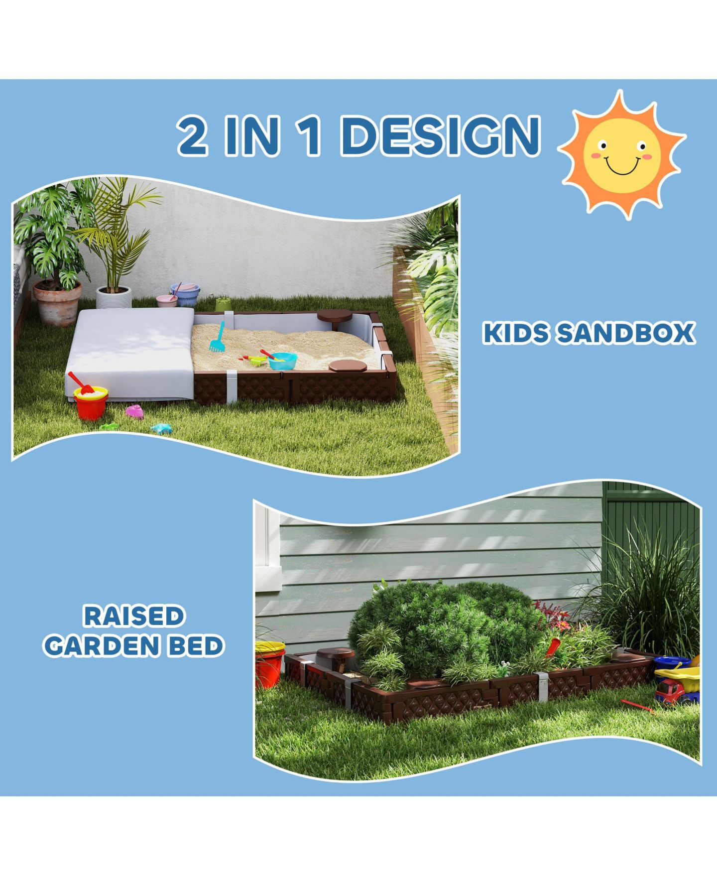 Детская игрушка Qaba 4-Seat Sandbox with Cover, Holds 1320 Lbs. of Sand, Ages 3-7, цвет: Коричневый — фото 8