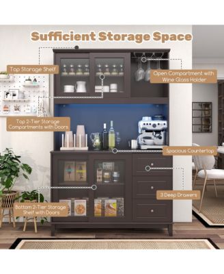 Kitchen Pantry Storage Cabinet Kitchen Hutch w/ LED lights & Power Outlet Dark