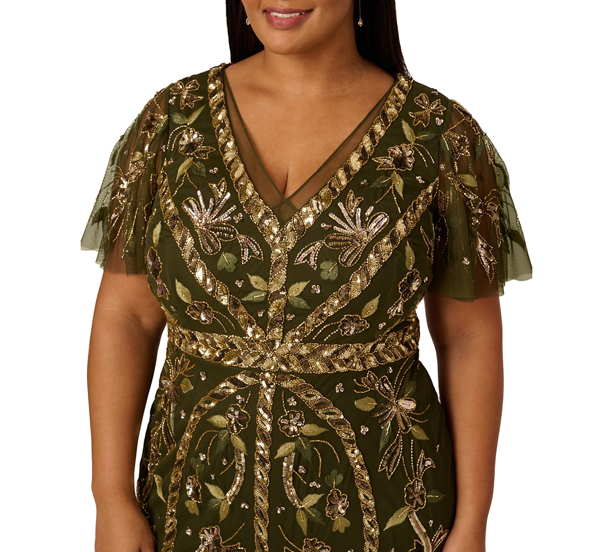 Adrianna Papell Plus Size Beaded Flutter Sleeve Midi Dress In Green