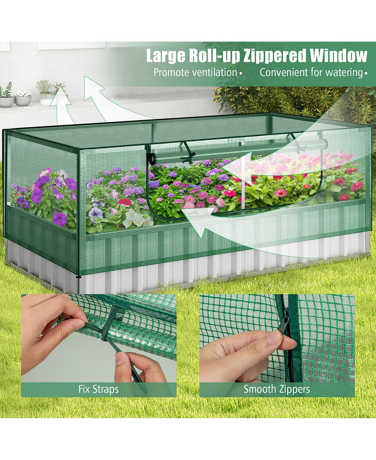 Gymax 69'' x 36'' x 28'' Galvanized Raised Garden Bed w/ Cover Roll-up Window Greenhouse
