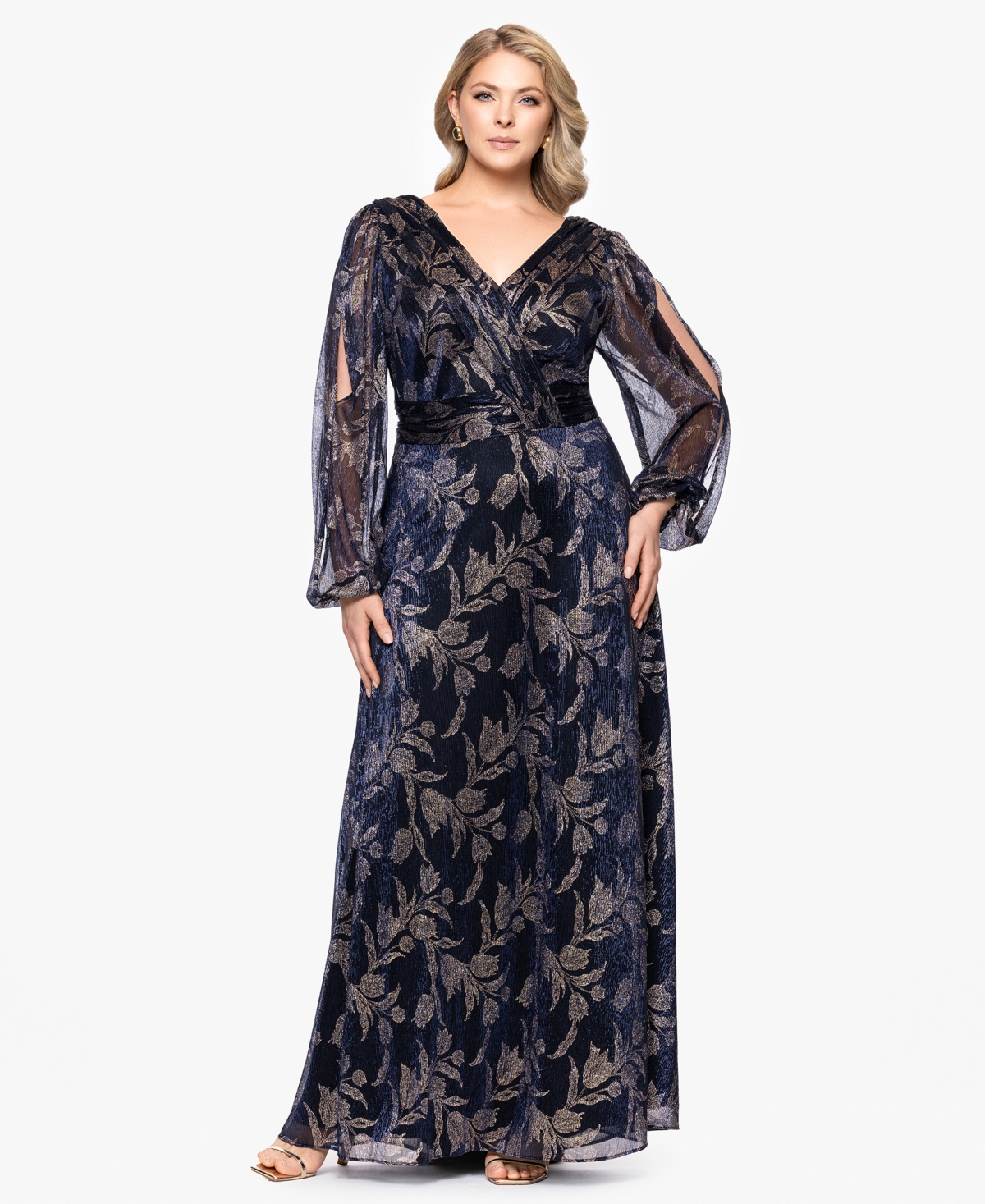 Betsy & Adam Plus Size Foil Crink Long Sleeve A-line Dress In Multi