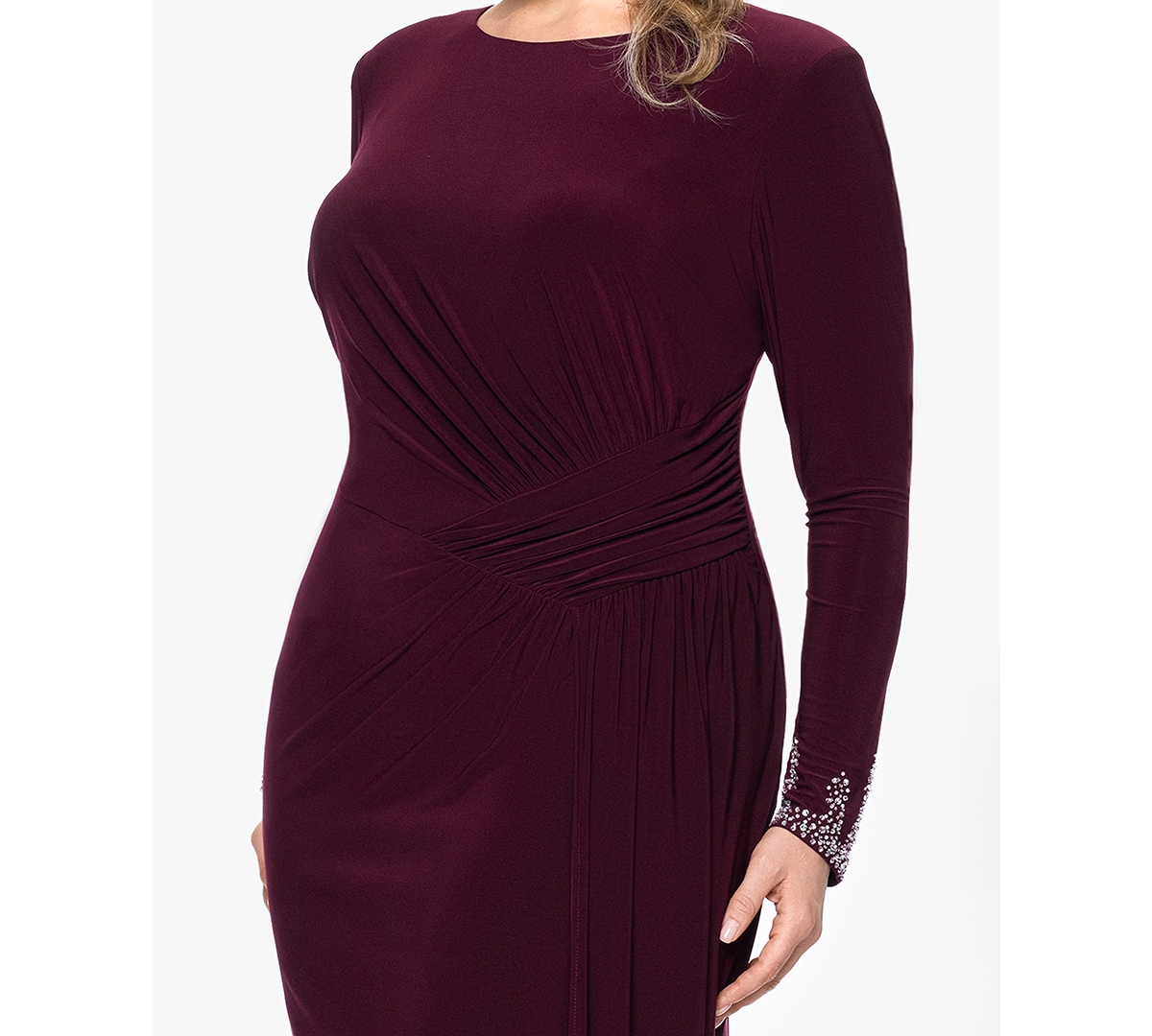 Betsy & Adam Plus Size Long Sleeve Beaded Dress In Burgundy
