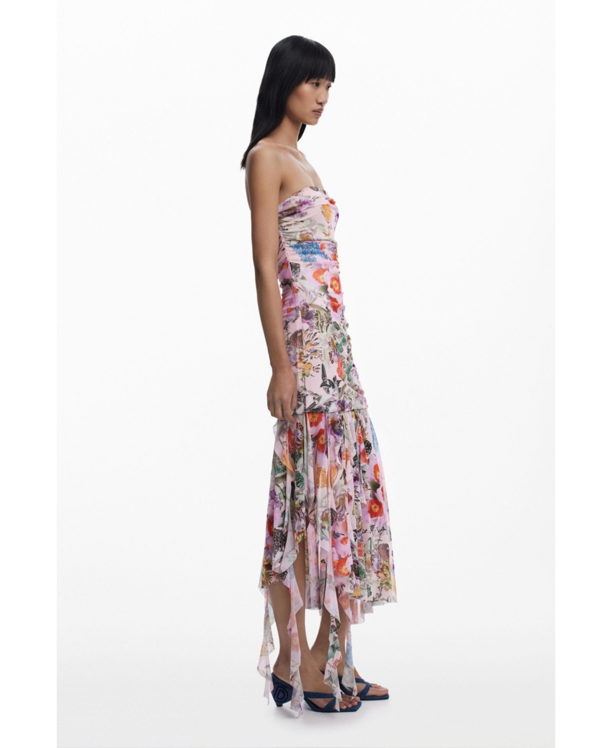 Desigual Ruched Ruffle Hem Asymmetric Maxi Dress In Pink