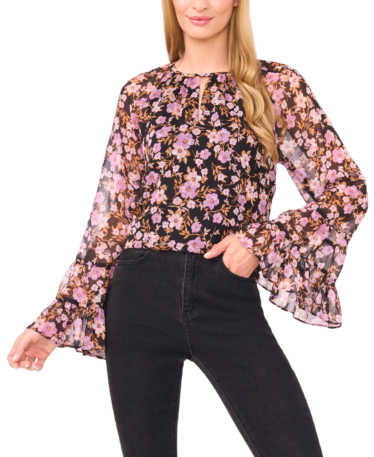Cece Women's Tiered Flowy Keyhole Top In Pink