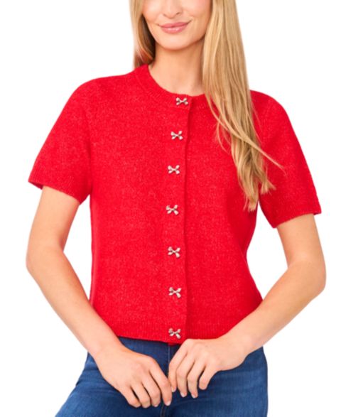 Женский кардиган CeCe Short Sleeve Bow Button Cardigan, цвет: Яркий вишнёвый