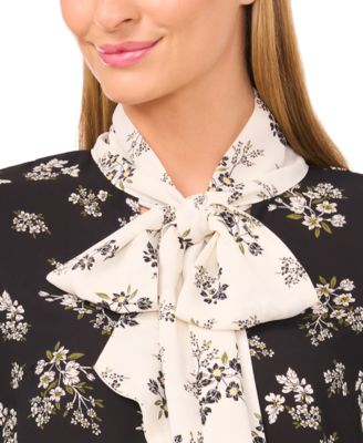 Women's Floral Bow-Tie V-Neck Button-Up Long Cuff-Sleeve Blouse