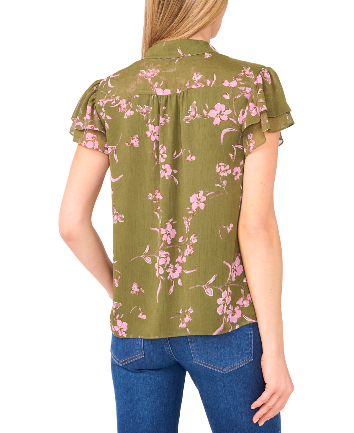 Cece Women's Double Flutter Short Sleeve Hidden Placket Top In Green