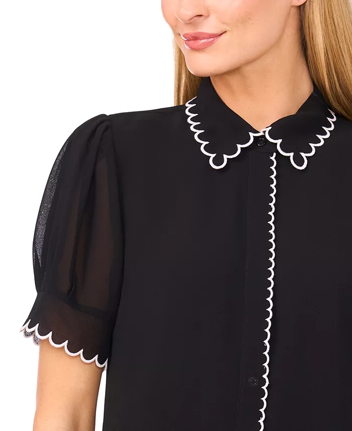 Women's Scallop Contrast Trim Button-Up Top - thumbnail 9