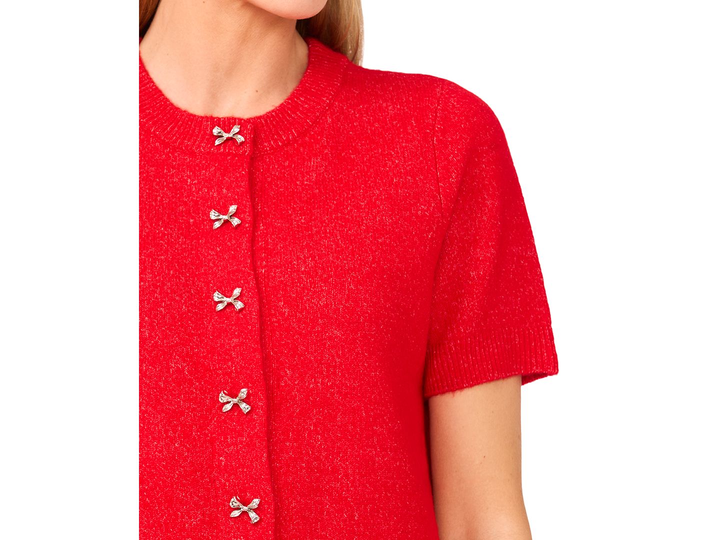 Женский кардиган CeCe Short Sleeve Bow Button Cardigan, цвет: Яркий вишнёвый — фото 2