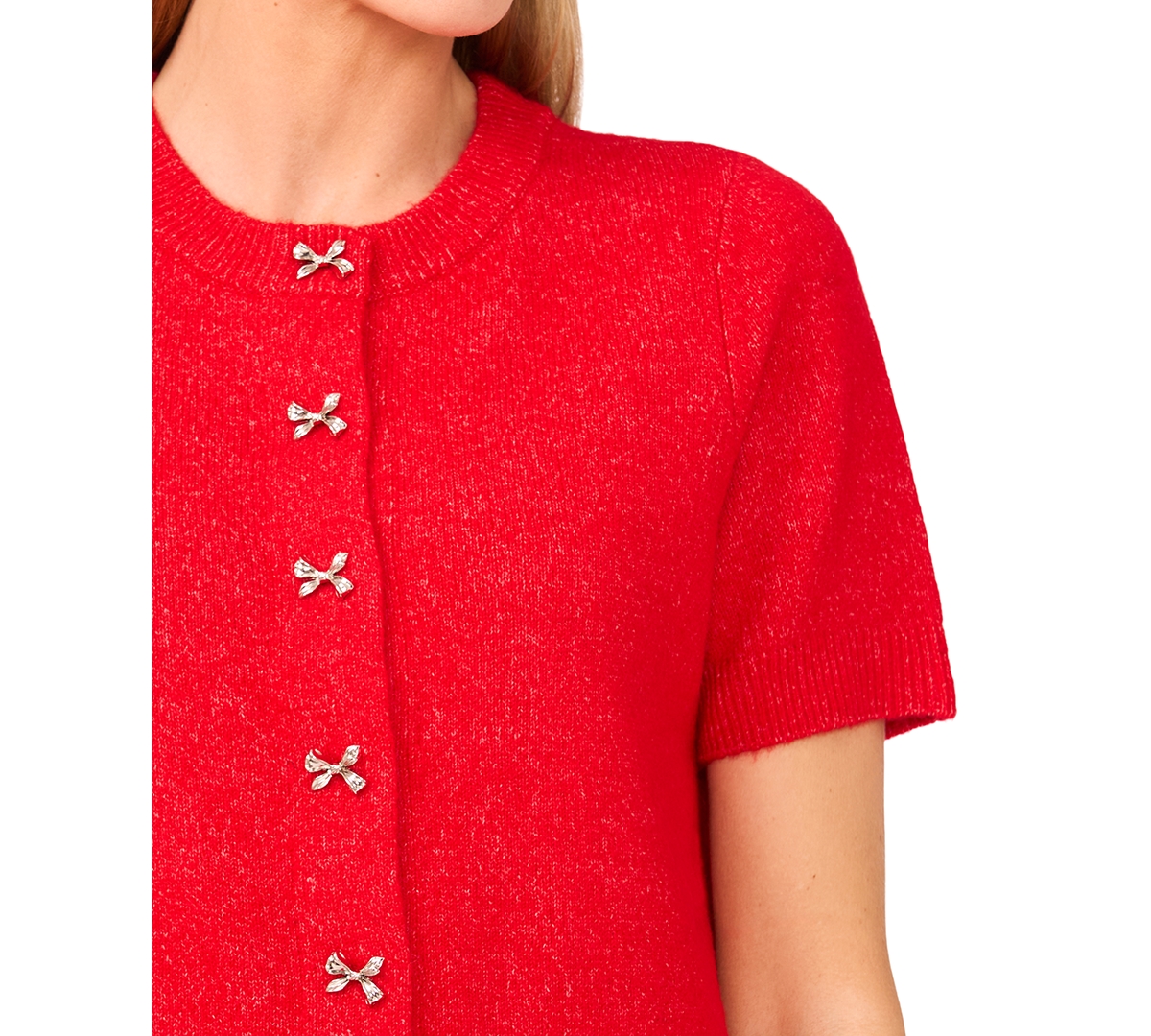 Cece Women's Short Sleeve Bow Button Cardigan Sweater In Multi